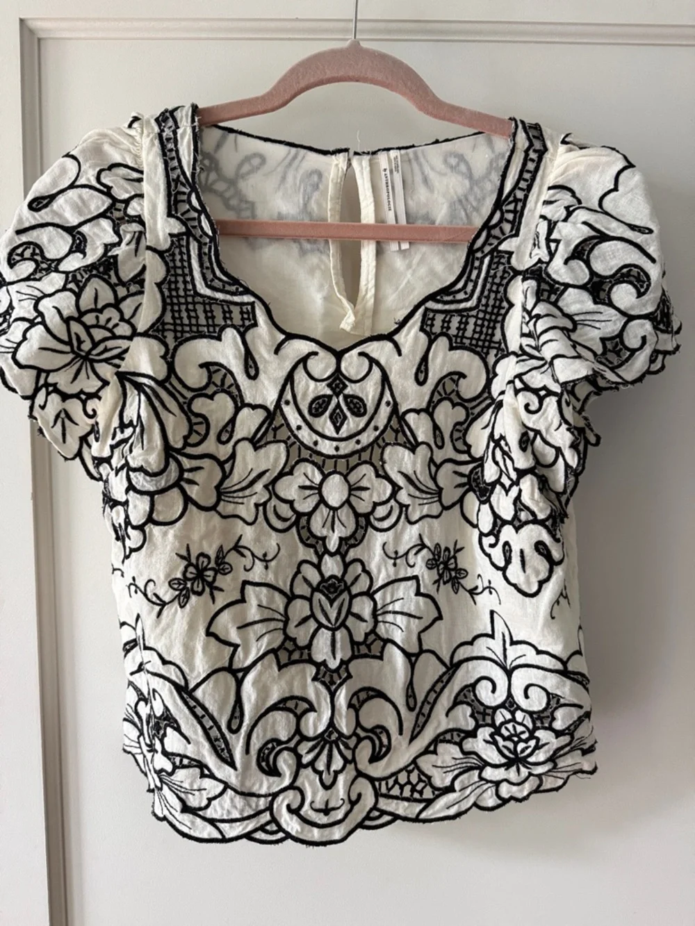 Embroidered Puff Sleeve Linen Top - Black on Cream